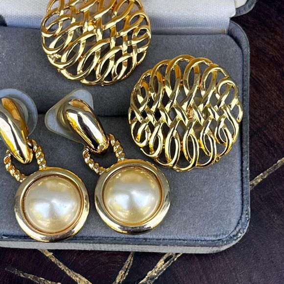 Gold Earring Set Dangle Faux Pearls and 90s Large Studs - Picture 6 of 8